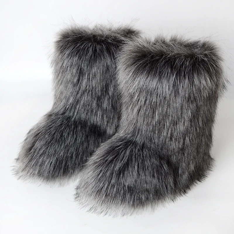 Winter Women's Fluffy Faux Fox Fur Snow Boots Ladies Plush Boots Female Warm Luxury Footwear Girl's Furry Cotton Shoes Platform