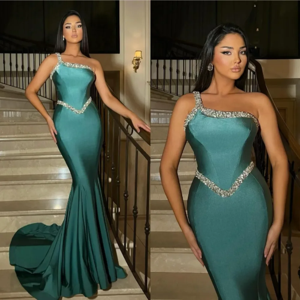 

Sexy Green Crystals Mermaid Sheath Party Prom Gowns 2024 New One Shoulder Appliques Evening Dresses Formal Occassion Wear Custom