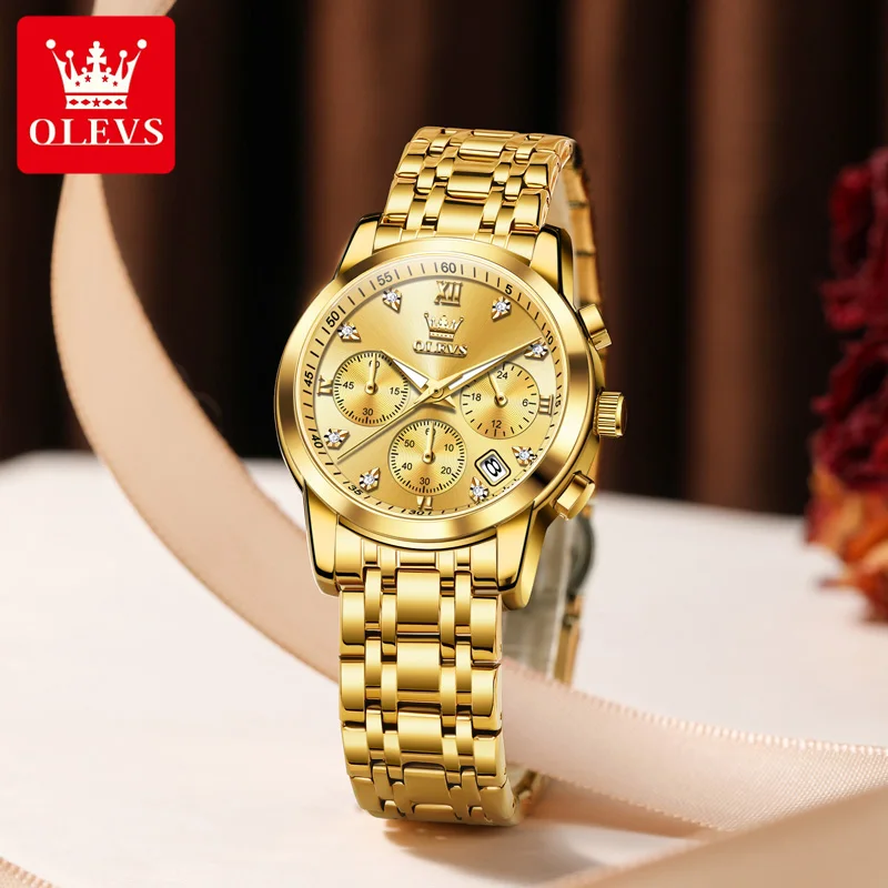OLEVS 2858 كرونوغراف كوارتز ساعات المعصم للمرأة موضة أنيقة كلاسيكية تاريخ السيارات مقاوم للماء الفولاذ المقاوم للصدأ ساعة نسائية