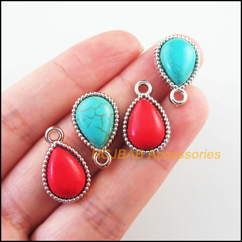 

Fashion 18Pcs Retro KC Gold Color Dull Silver Plated Flower Teardrop Blue&Red Stone Charms Pendants 13x21mm