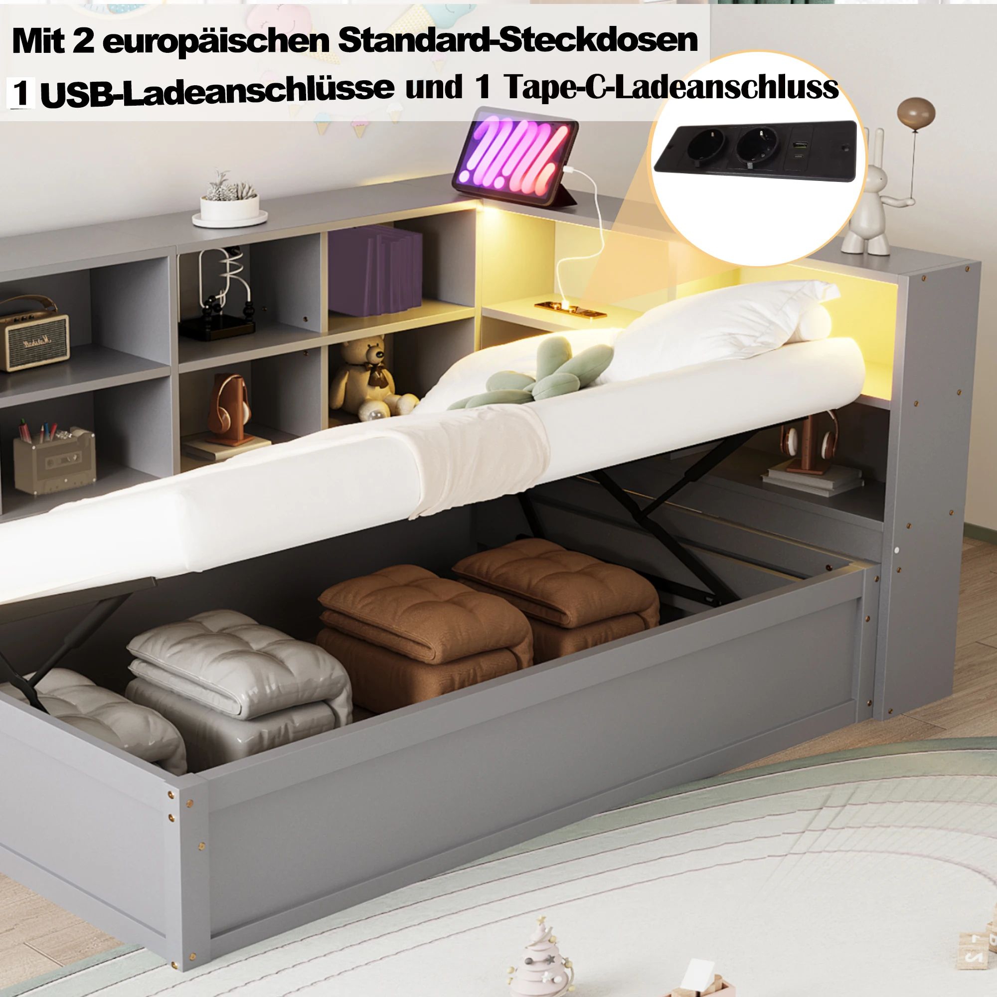 KOMHTOM Schlafsofa 90x200 hydraulisches multifunktionales Einzelbett mit Mehrfachsteckdose mehreren Staufächern und Lichtleiste – Detail 6