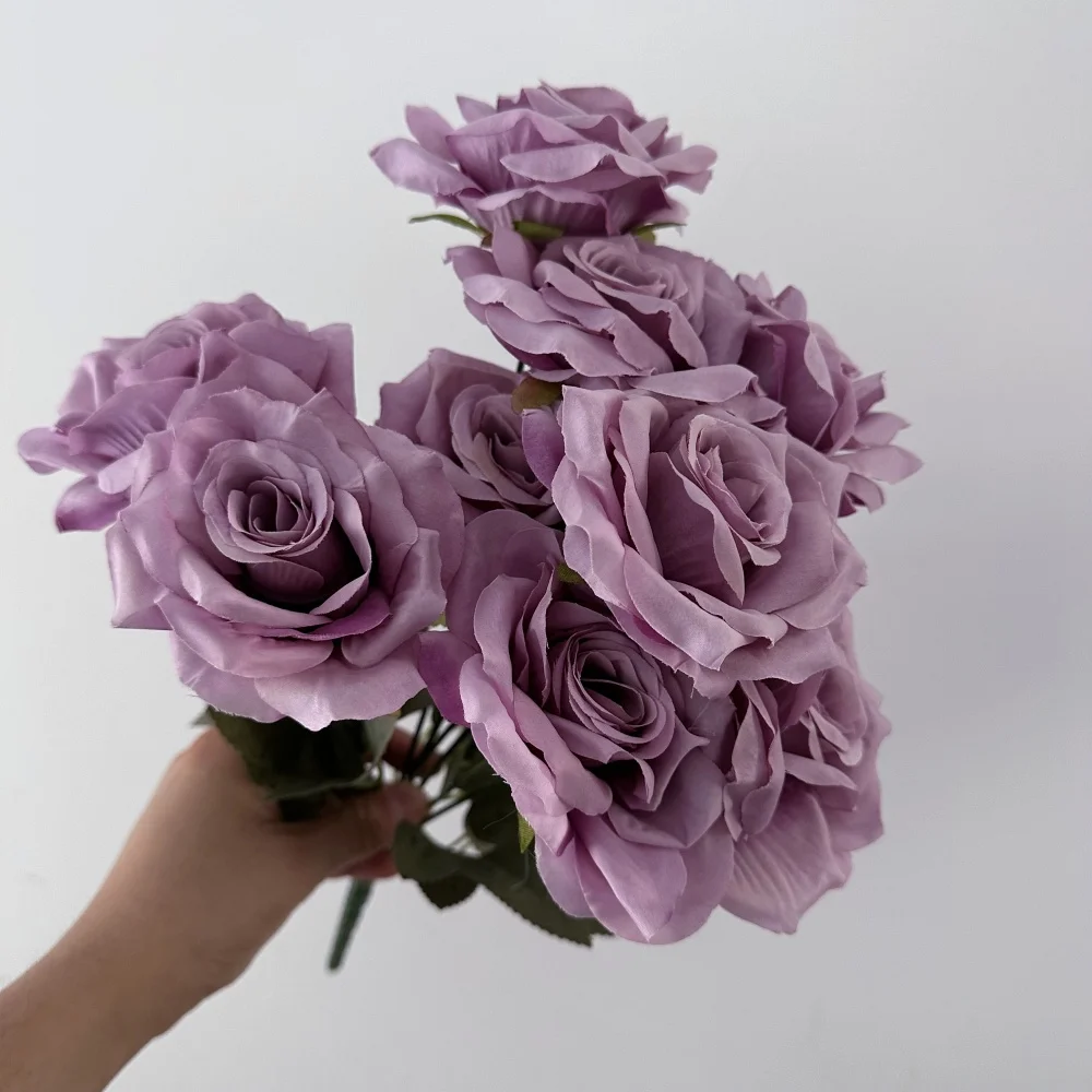 Lifelike 9Heads Silk Roses Artificial Flower Pink Purple Fake Bouquet Rose For Home Wedding Decor Valentine's Day Party Desktop
