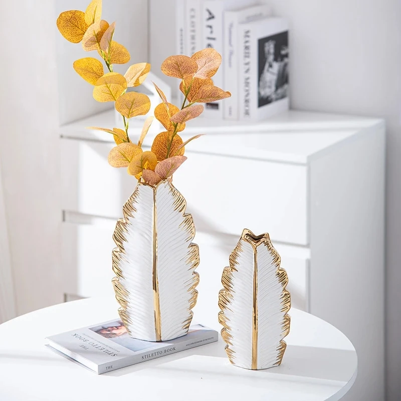 2Pcs/Nordic black gold plating leaf ceramic vase Modern simple household TV cabinet decoration vase 2