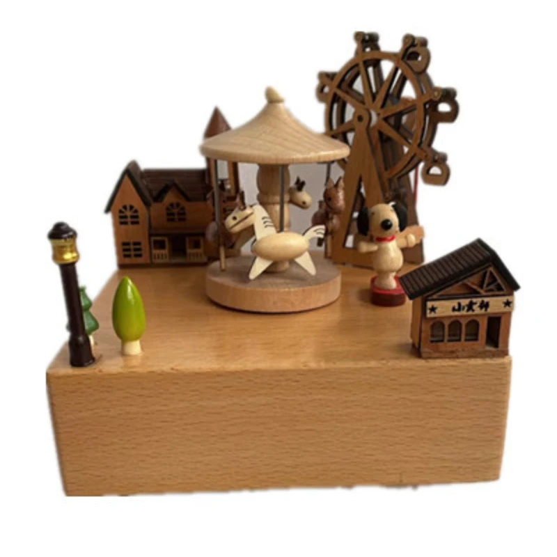 Wooden Hand Cranked Music Box Ornament Classical Carving Home Decor