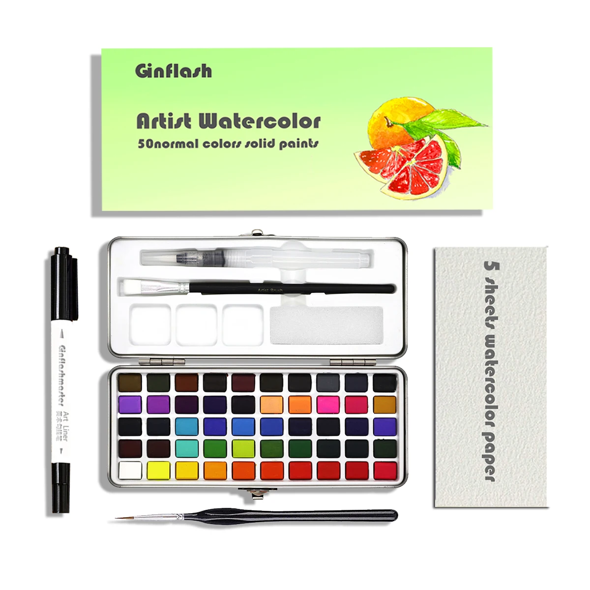 Ginflash 50colors Solid Watercolor Paints painting set cotton paper Portable Outdoor Painting Pigment Gift Art Supplies Set