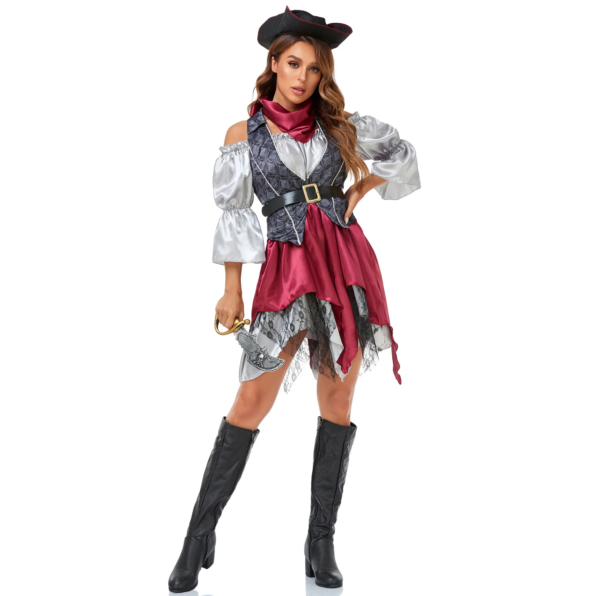 High Quality Pirate Costumes Sexy Red Grey Dress Cosplay Halloween