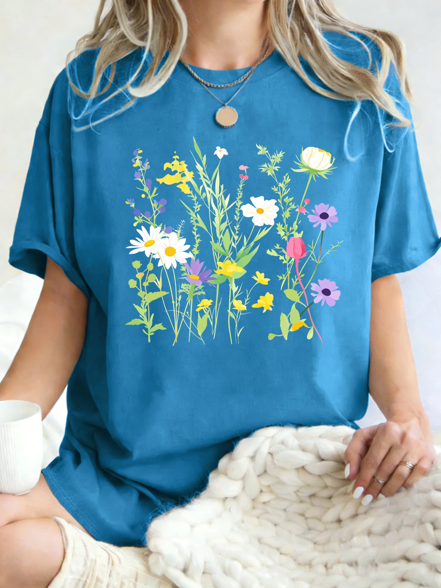 Verschiedene Blumen- und grüne Blätter-Prints Damen T-Shirts Lässige Sport-Tops Y2K Baumwoll-T-Shirt Sommer Oversized Kurzarm