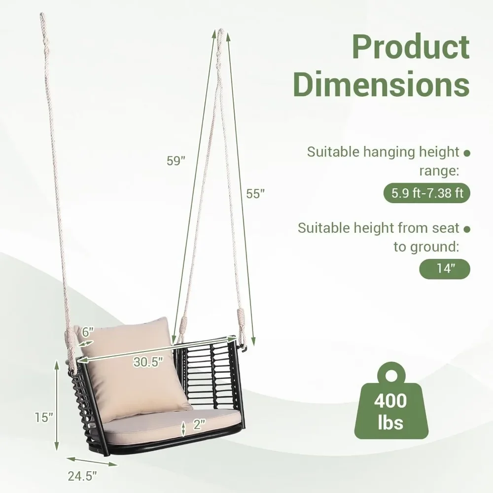 Outdoor Metal Porch Swing, Single Person Hanging Seat with/Woven Rattan Backrest, 2 Sturdy Hanging Ropes, Seat & Back Cushion 5
