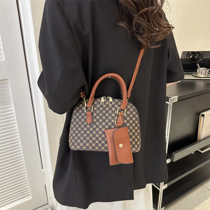 Luxury Shell Fashion Women's Handbag Simple Shoulder Bag Plaid Print Crossbody Bag with Mini Purse