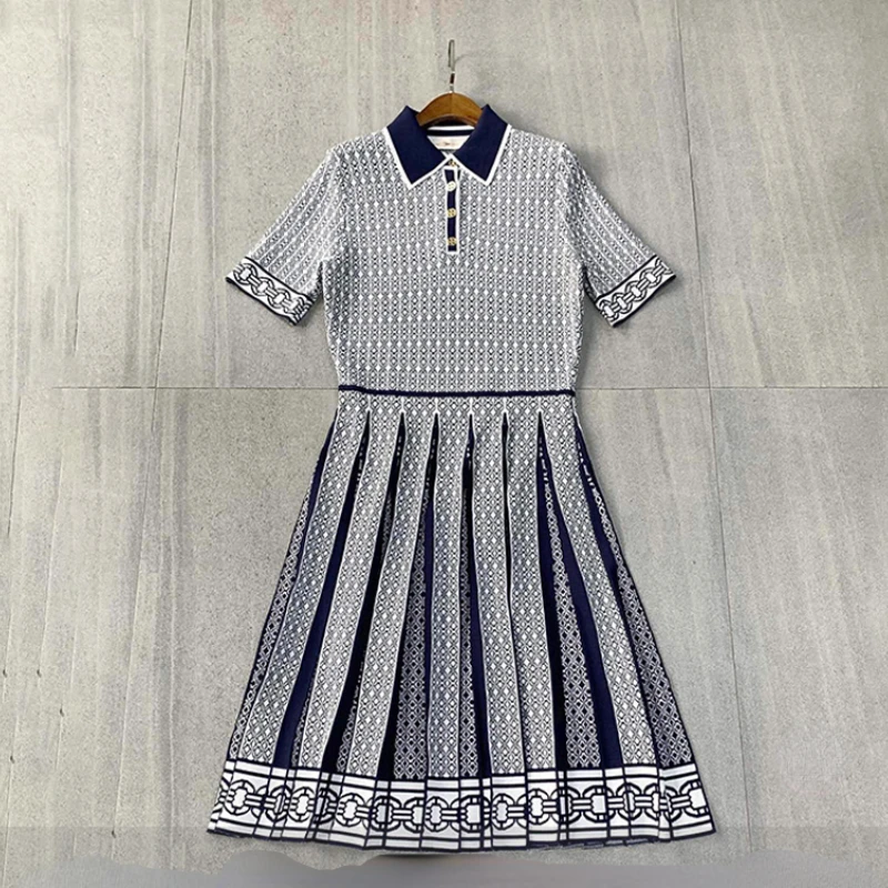 Summer Women Chain Printed Polo-collar Pleated Skirt Knitted Mini Dress Office Lady