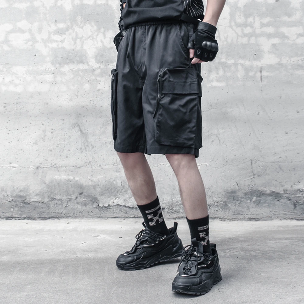 AOGZ Hip Hop Cargo Short Pants Men Streetwear Harajuku Pockets Knee Length Pants Loose Oversized Casual Shorts Elastic Waist