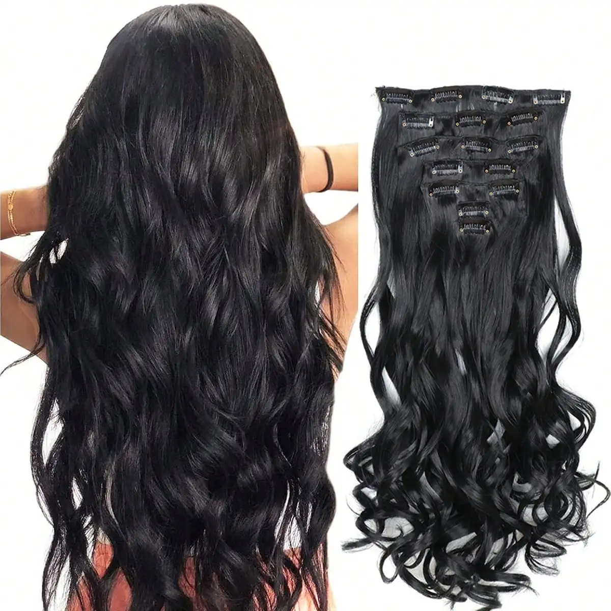 thumbnail image 1 of Extensiones de cabello con clip, 7 piezas, 22 pulgadas de largo, pelo sintético ondulado y rizado, cabello ondulado natural para mujeres y niñas, 1 of 5