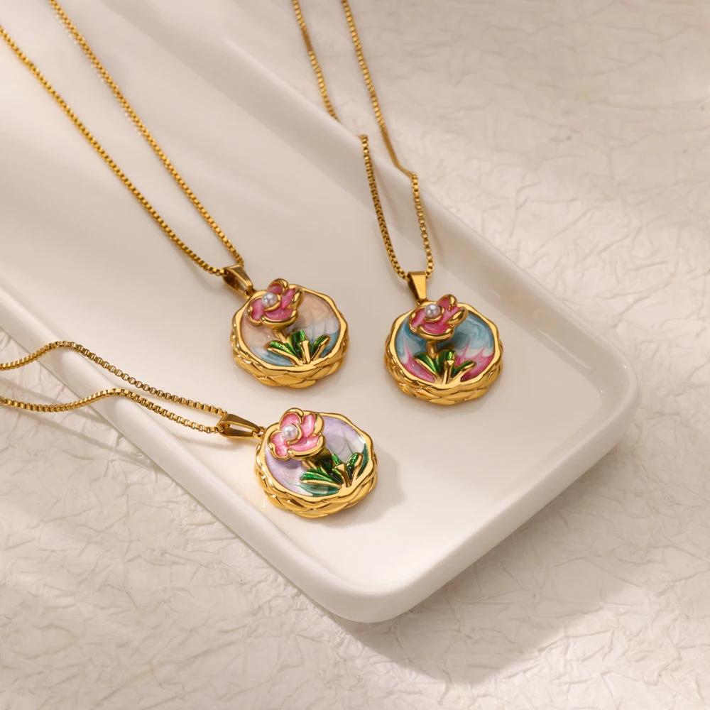 Imitation Pearl Necklaces Oil Dripping For Women Gold Stainless Steel Jewelry