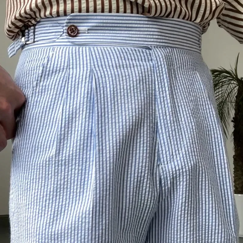 Summer Men British Straight Naples Men Ropa Hombre Short Pant Striped Seersucker Casual Shorts Men Suit Short Pantalones Homme 2