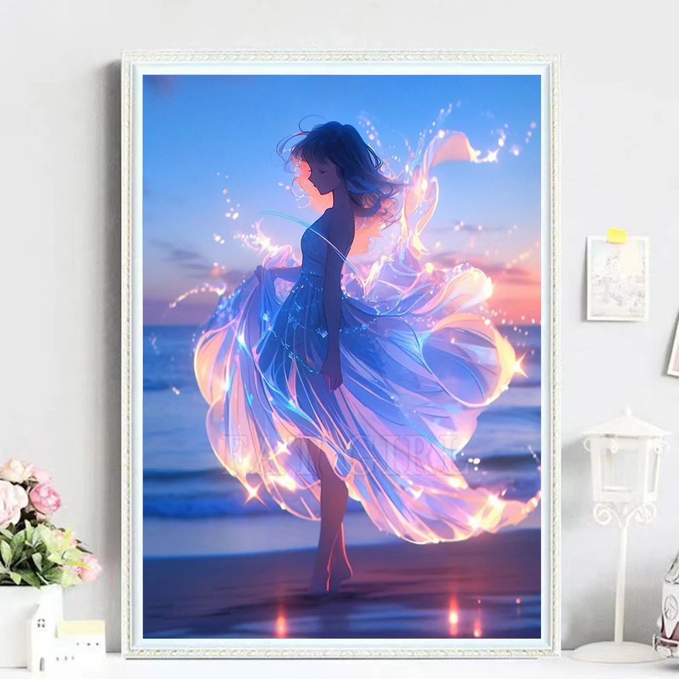 Fluorescent Sprite DIY 5D Diamond Painting Cartoon Girl Beach Diamond Mosaic Embroidery Princess Cross Stitch Rhinestone Decor