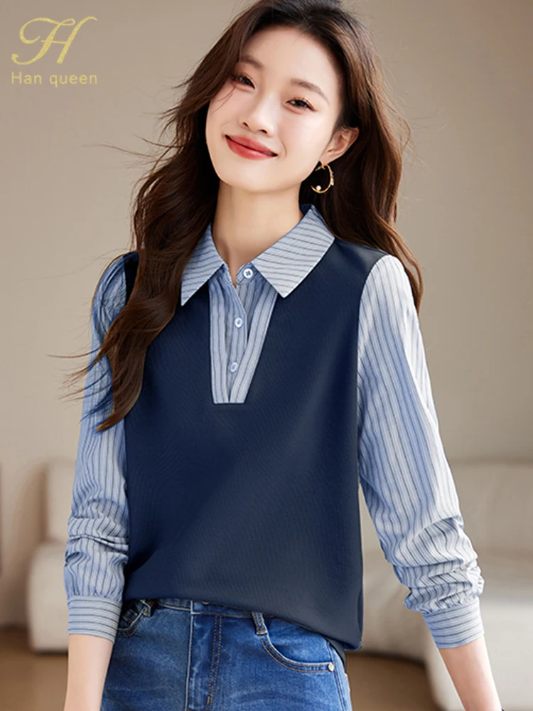 

Новинка 2024, рубашки и блузки H Han Queen, женская блузка в полоску, винтажные топы, блузки, простая Рабочая повседневная женская одежда