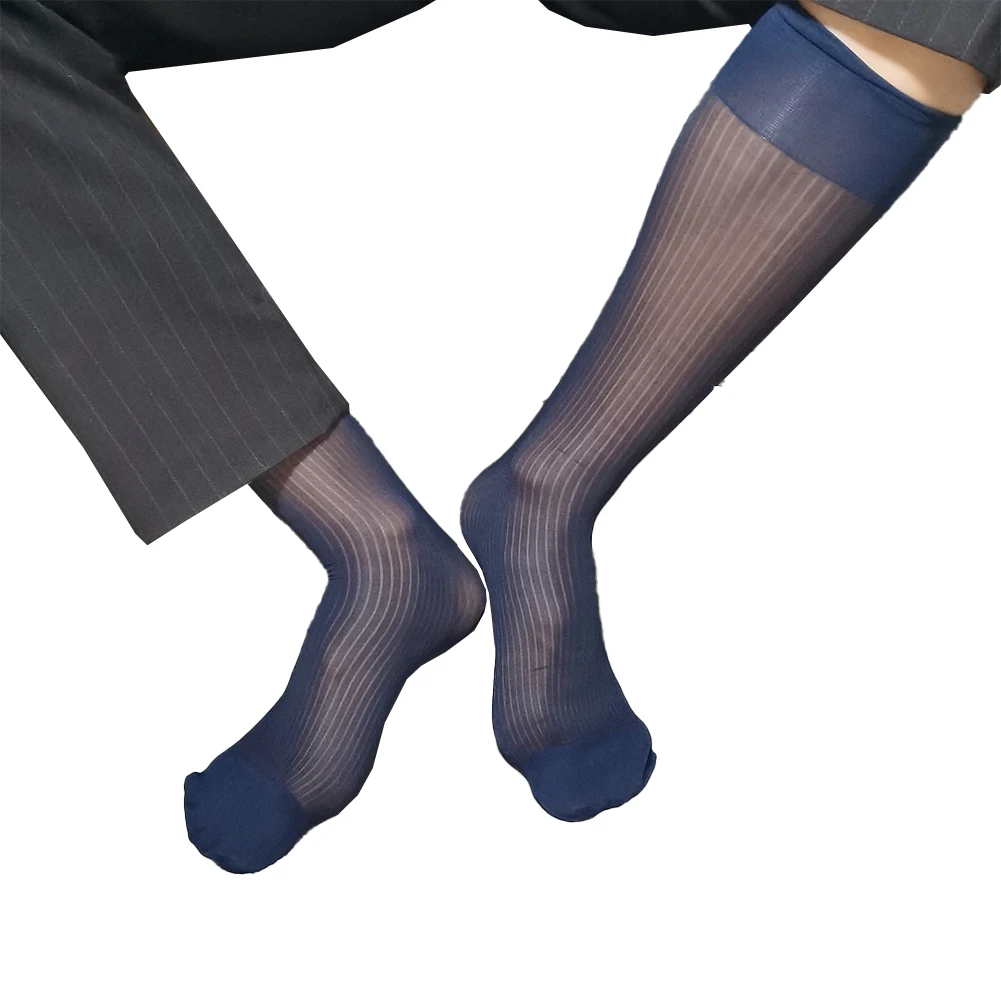 

1 Pair Summer Men's Sexy Striped Socks Elastic See Through Stockings Business Formal Dress Male Middle Tube Socks