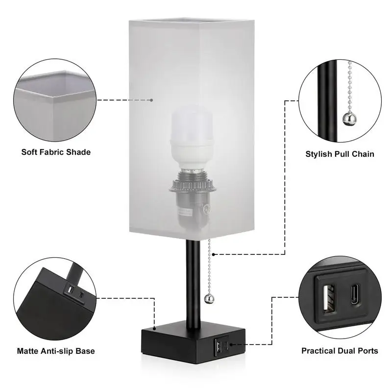 Bedside Lamps With USB CA Charging Ports With 3-Color Modes With Pull Chain Bedroom Lamp With White Fabric Shade Night Light 3
