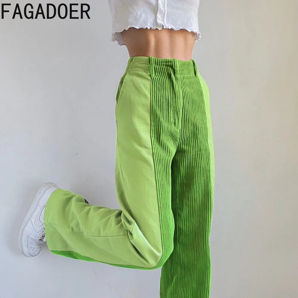 FAGADOER Autumn Casual Corduroy Splicing Straight Pants Women Elastic High Waisted Loose Trousers Fashion Female Solid Bottoms
