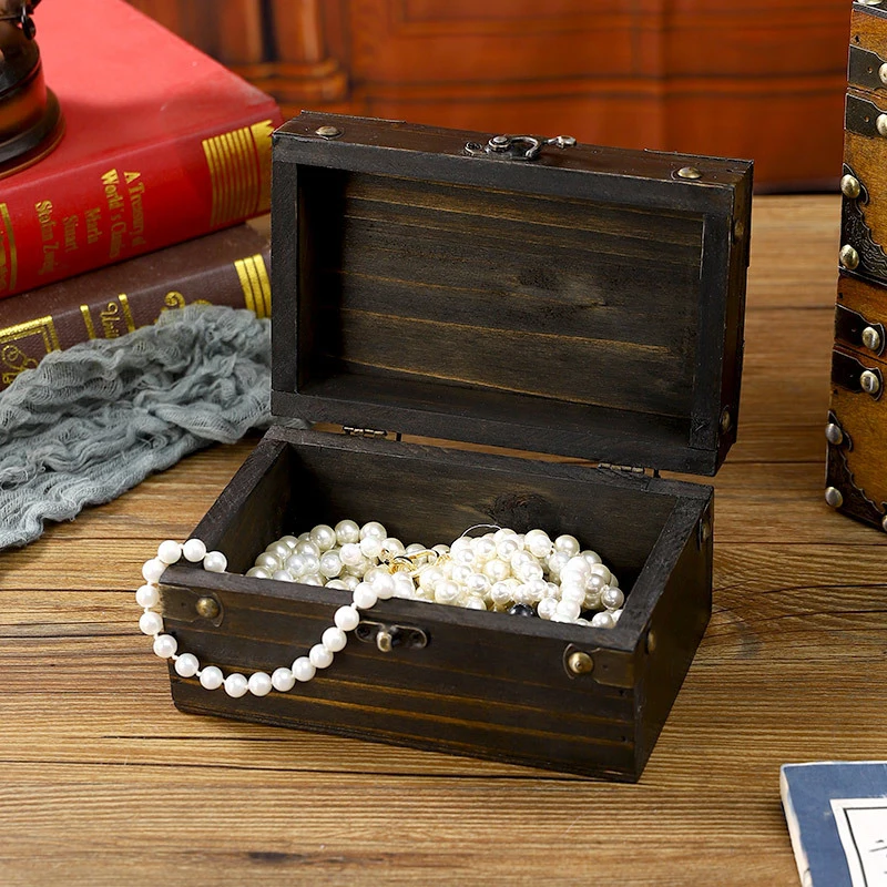 Vintage Wooden Pirate Treasure Chest Small Jewelry Trinket Box With Locks Party Favor Decor Coin Box Treasure