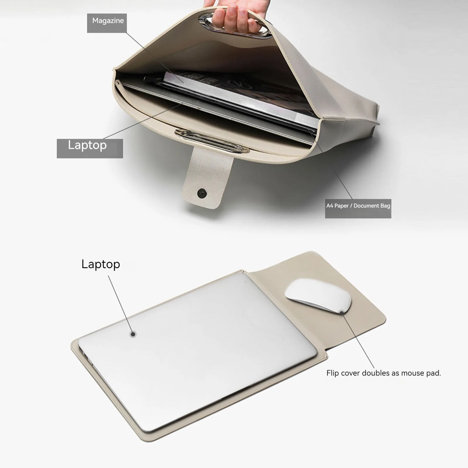 PU Leather 2-in-1 Laptop Sleeve & Pouch with Metallic Handle Multifunctional Laptop Case Laptop Handbags for Work School Travel