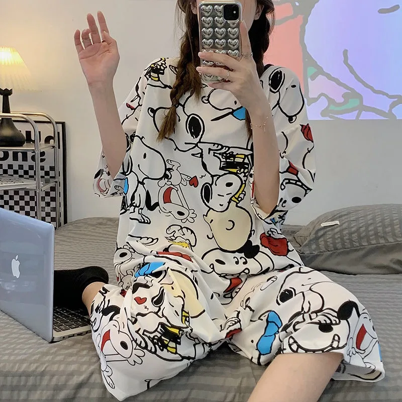 

Ночная сорочка Snoopy женская с коротким рукавом, Милая Тонкая свободная пижама из чистого хлопка, одежда для улицы, большие размеры, на лето