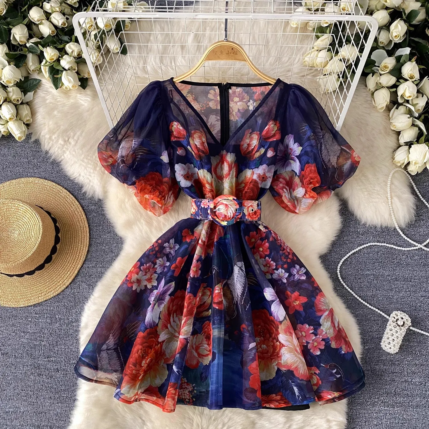 

Summer Runway Gorgeous Flower Chiffon Mini Dress Women's V-Neck Lantern Sleeve Floral Print Belt Boho Robe Vestidos 2064