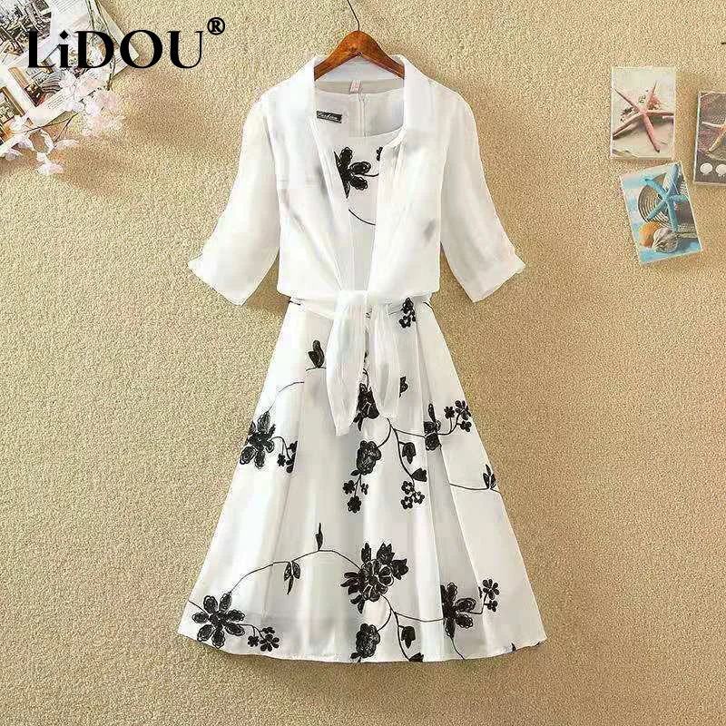 

Summer Fashion Floral Printing Elegant Tank Dress White Lace Up Shirt Set Ladies Sleeveless Waist Vestidos Women's Casual Robe