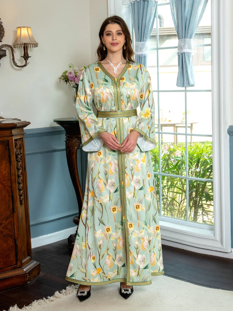 

Spring Morocco Muslim Dress Women India Dubai Arabic Abaya Print Turkey Eid Vestidos Kaftan Gown Robe Musulman Long Dresses 2022