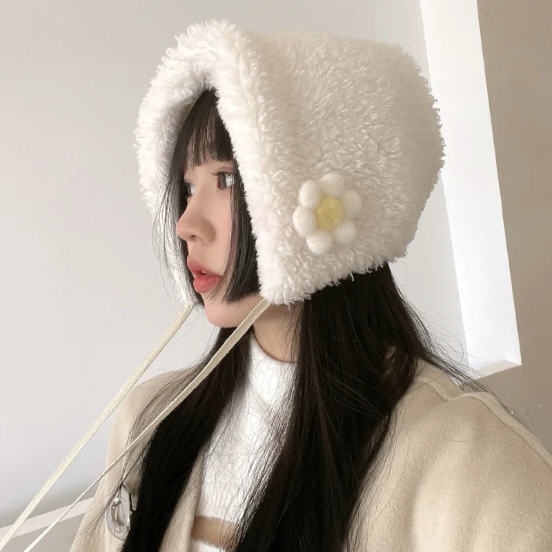 

Korean Cute Flower Hairball Lace-up Bucket Hat Woman Girl Winter Lambwool Beanie Hats Warm Ear Protection Bomber Cap