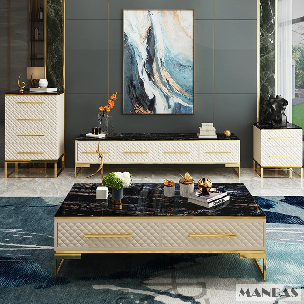 Luxury Linlamlim TV Stand Marble Meubles with Stainless Steel Legs for Living Room Furniture | Coffee Table with Leather Surface