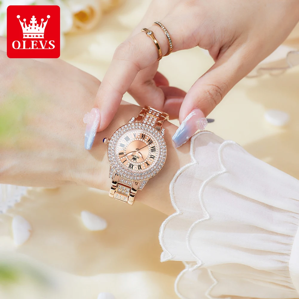 OLEVS-Women's Full Diamond Dial Watch, luxo, elegante, aço inoxidável, impermeável, alta qualidade, quartzo, relógios femininos, 9943