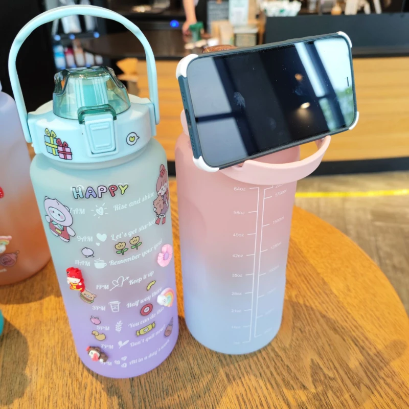 

Large capacity water bottle with gradient ribbon straw sport frosted water cup portable handle