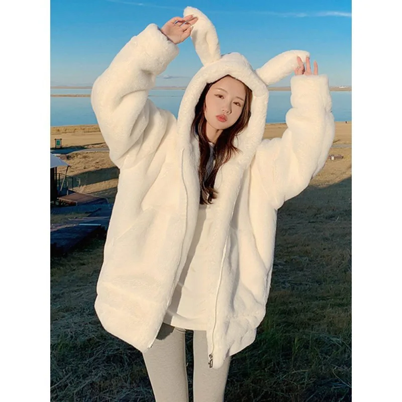 Coat Women's Pure White Thick Warm Cartoon Rabbit Ear Shape Loose Casual Cute Lamb Wool Long Sleeve Temperament Commute Comfort