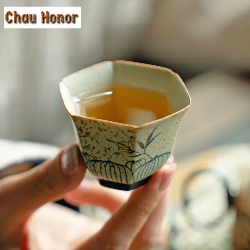 45ml Blue And White Flint Red Teacup Handmade Gold Drawing Bamboo Tea Bowl Hexagonal Sample Tea Cup Personal Master Cup Teaset