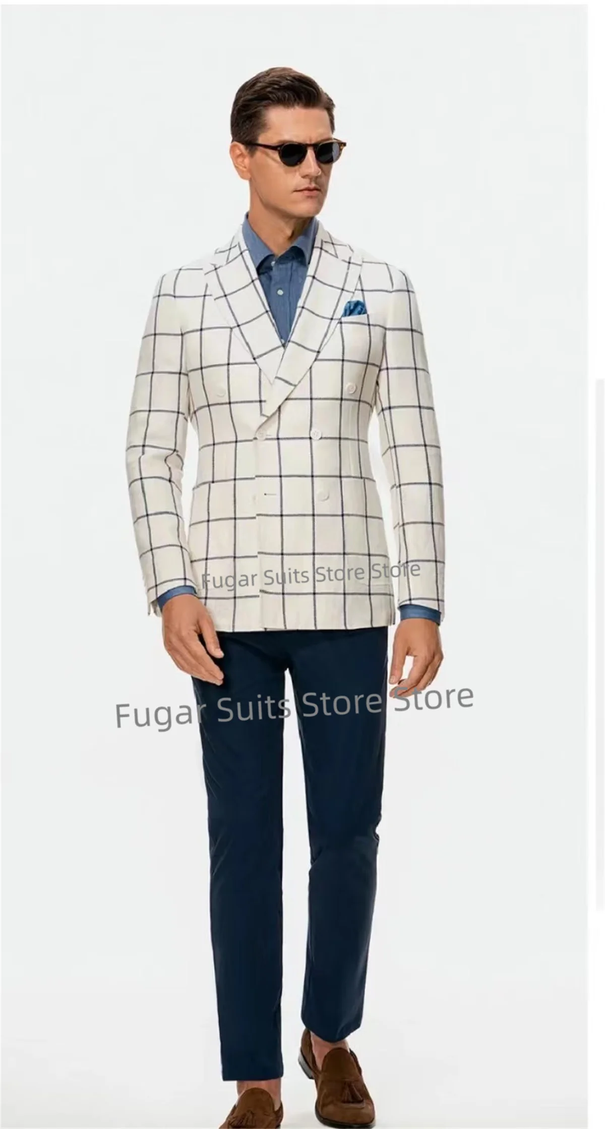 Fashion White Plaid Wedding Suit For Men Slim Fit Double Breasted Groom Tuxedos 2 Pieces Set Business Male Blazer Costume Homme