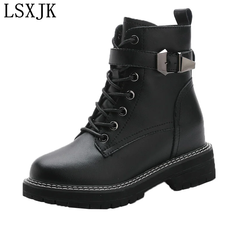 

LSXJK 2022 Spring New Leather Martin Boots Women's Thick Sole Inner Heightened Buckle Boots Women's Casual Zipper Student Shoe