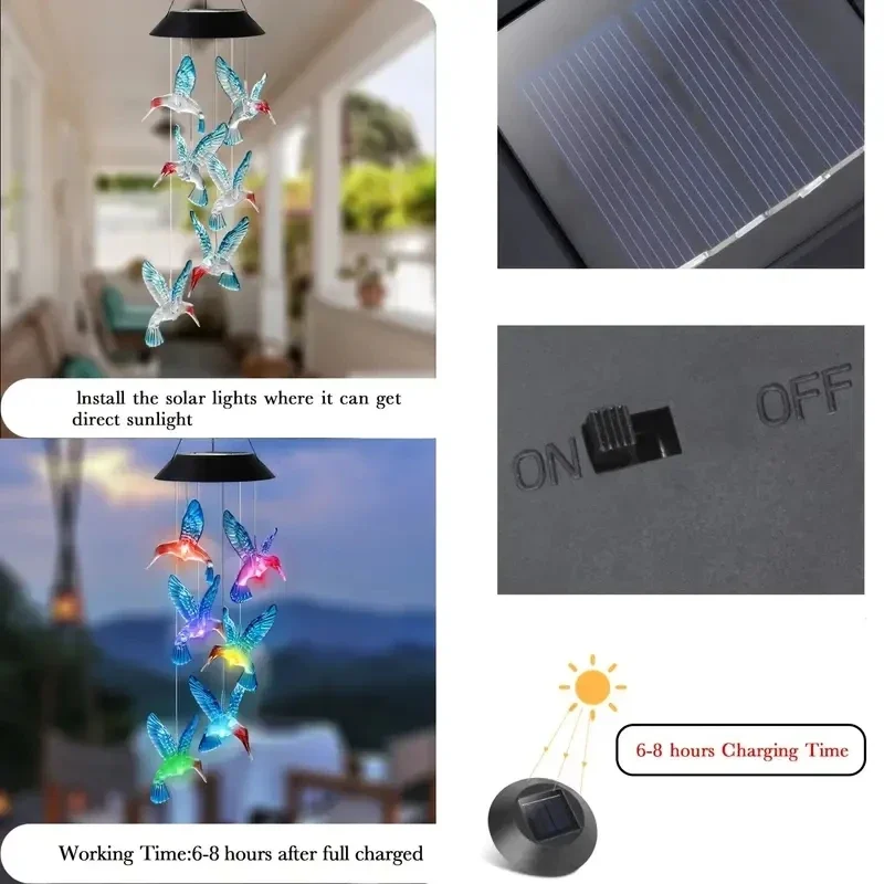1/2pc Solar Blue Hummingbird Wind Chime Light LED Hummingbird Courtyard Wind Chime Light Landscape Light Courtyard Light