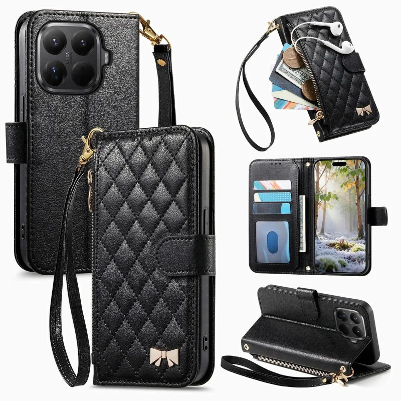Zipper Leather Wallet Phone Case with Wrist Strap and Card Holder
