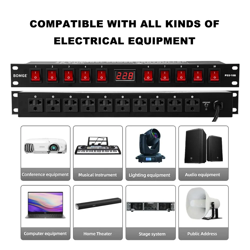 BOMGE Power conditioner 10 Independent Switch Rack power Audio Power conditioner rack w/Voltage Readout With USB Surge Protector