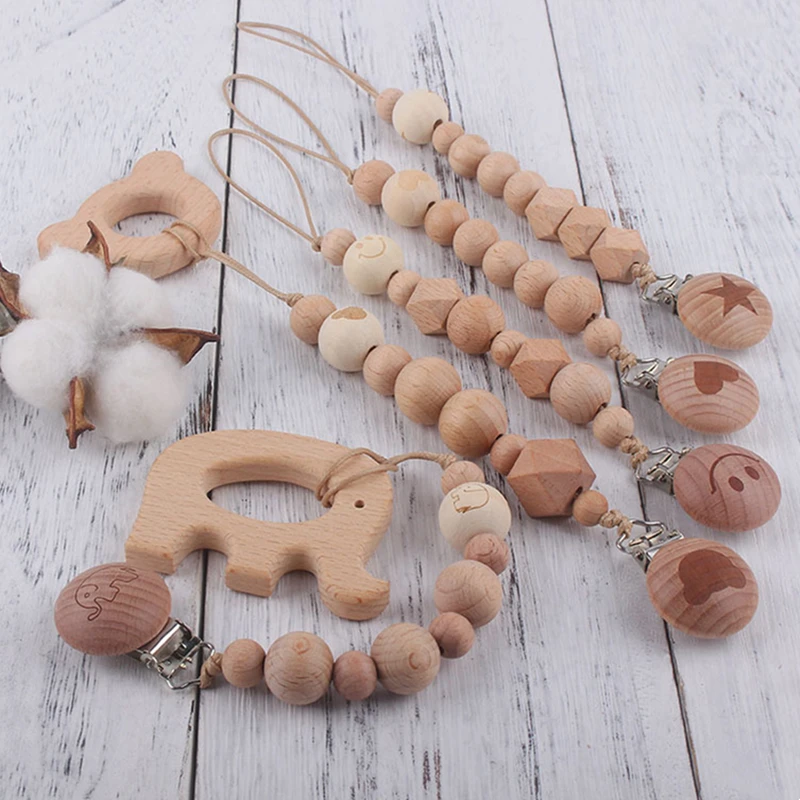 

Safety Wooden Baby Infant Toddler Dummy Pacifier Beech Wood Soother Nipple Clip Chain Holder Strap Baby Chew Teether Teething