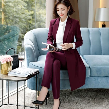 2023 가을 정장 숙녀 자홍색 롱 블레이저 세트, 비즈니스 정장, 작업복, 사무실 유니폼, 라지 사이즈 바지 재킷