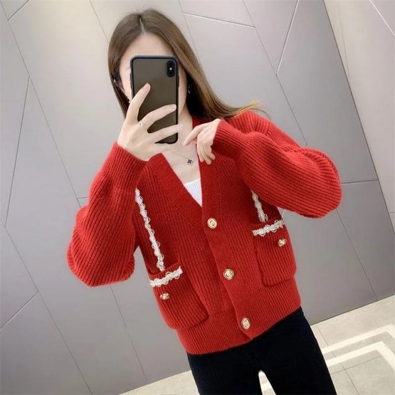 

Вязаный кардиган с V-образным вырезом и длинными рукавами, женская модная куртка, новинка сезона весна-осень 2023, повседневный однобортный свитер сплошного цвета