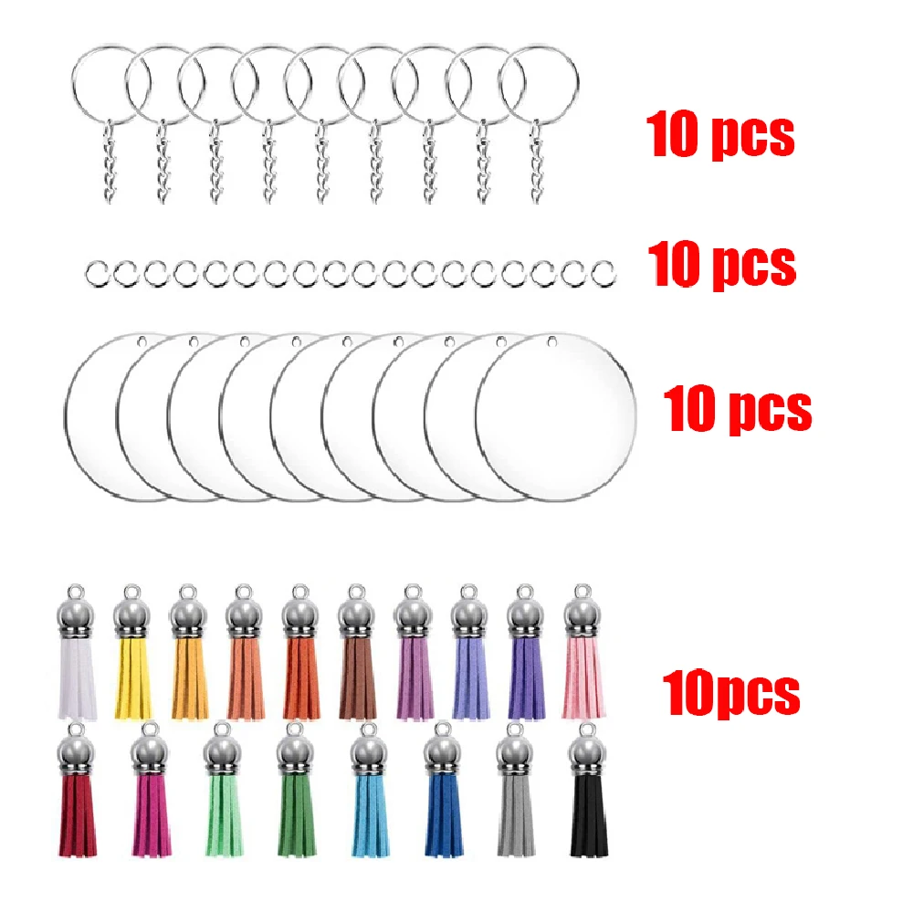 40pcs Key Ring Acrylic Blanks Keychain Tassels Set Round Clear Arylic Keychain Blanks Key Rings with Chain Jump Rings for DIY