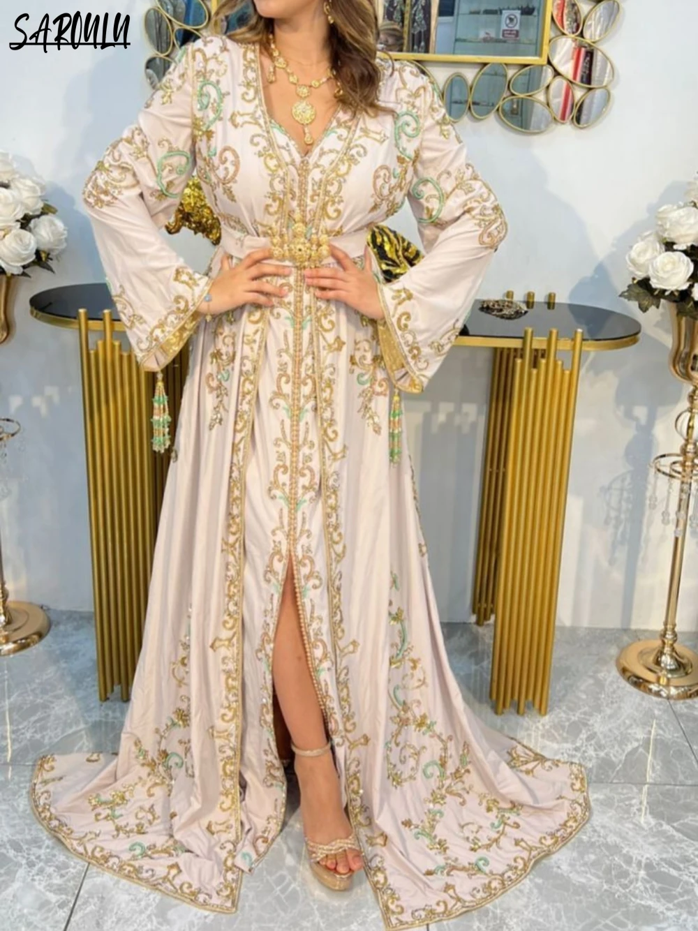 

Classic Long Algerian Wedding Party Kaftan Dress Long Sleeve Luxury Gold Appliques Gown Vestidos De Gala Floor-length