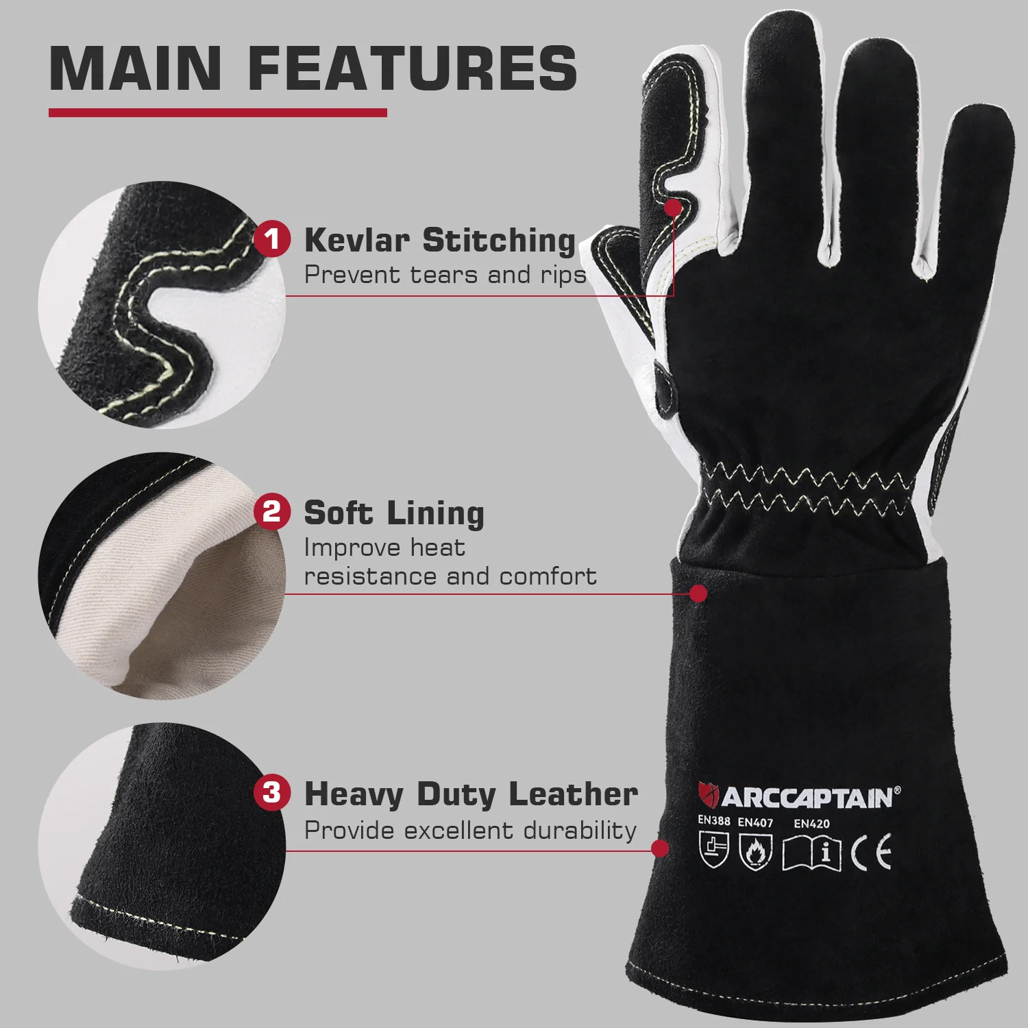 ARCCAPTAIN Welding Glove 14 Inch Premium Goatskin Grain Leather Dexterity Comfort Heat Puncture Resistant for Home Solding BBQ work gloves