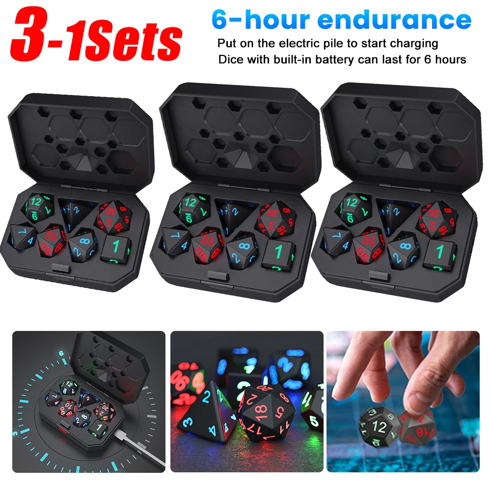 Set De Dados Electrónicos Con Luz LED Recargable – Dados Poliédricos Parpadeantes Para Juegos De Rol (RPG), Con Estuche De Carga