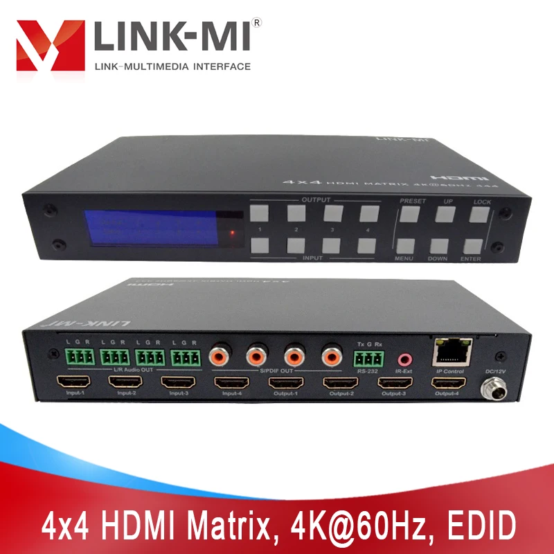 

LINK-MI 4x4 HDMI Matrix Support Audio On/Off 4K@60Hz EDID HDR 18Gbps RS232 TCP/IP Web GUI Control Analog SPDIF Audio Extraction