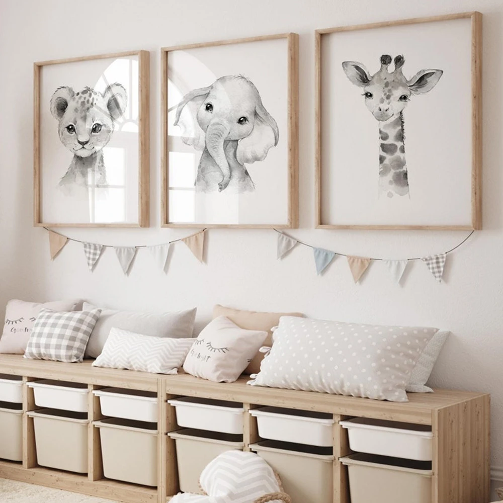 

Nordic Modern Grey Cute Animal Elephant Giraffe Cat Prints Canvas Painting Poster For Living Room Play Room Kids Room Home Decor