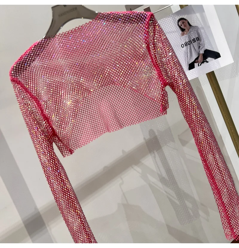 2025 New Summer Sexy Bright Diamond Short Thin Tops Slim Hot Drill Long-sleeved T-shirt Sexy Leak Waist Blouse
